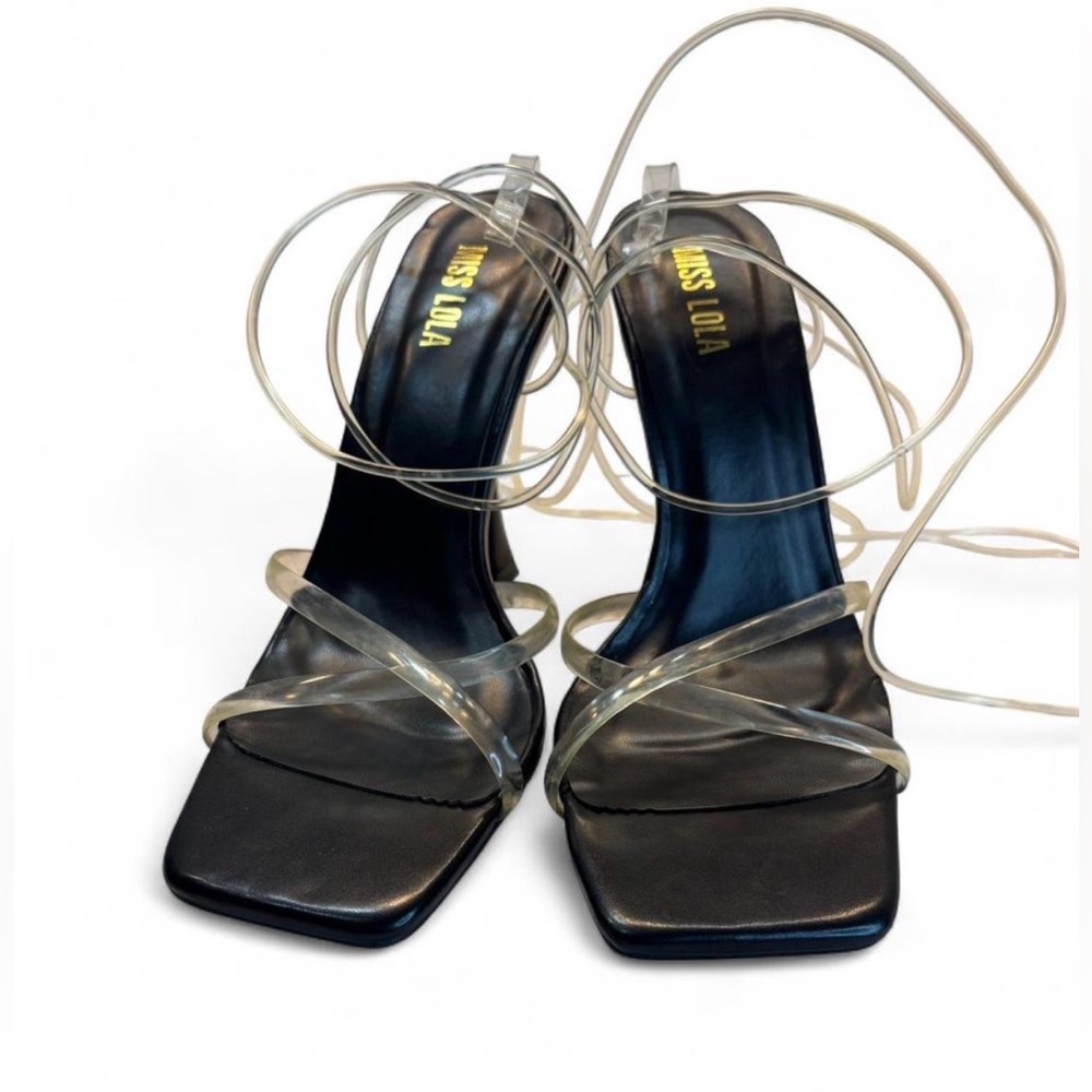 Miss Lola Black Square-Toe Heels with Clear Lace-Up Straps